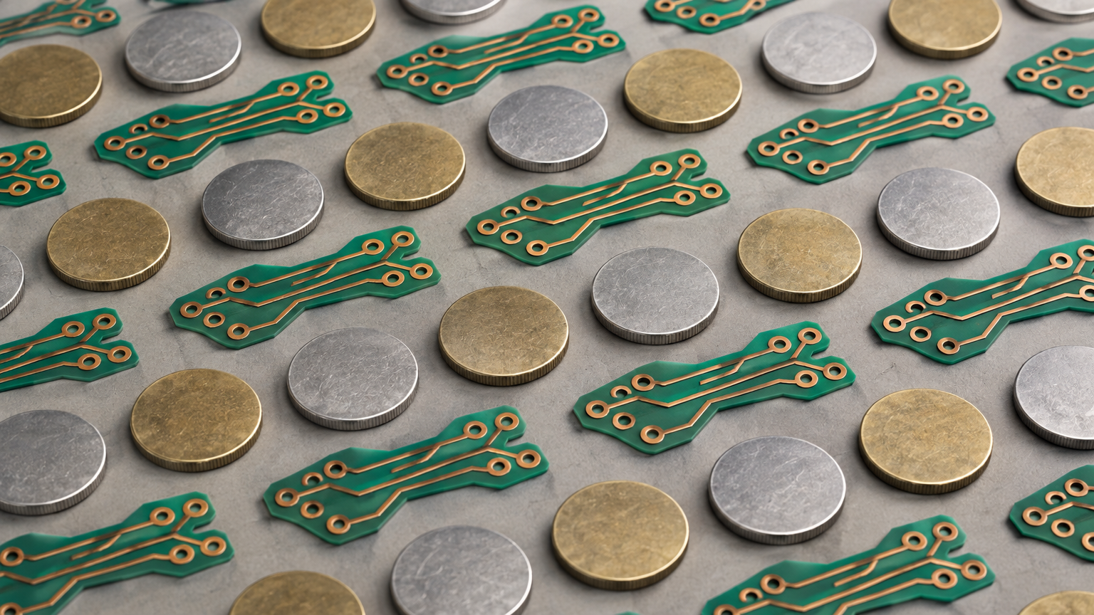 A repeating pattern of small coins arranged alongside circuit board traces to symbolize cheap, automated cyberattacks at scale.