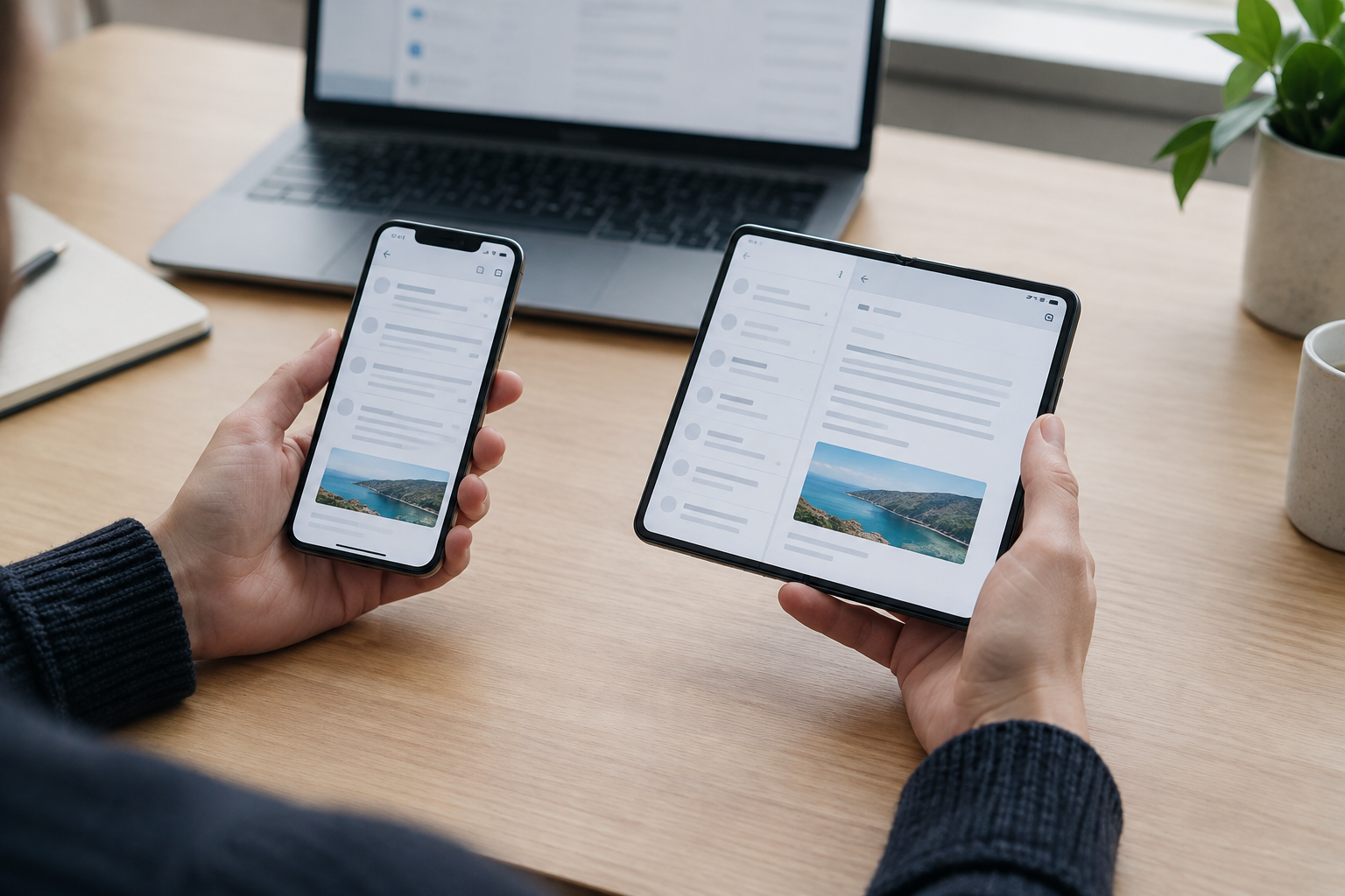 Hands compare email layouts on compact and unfolded phones during testing for Apple Mail design changes.