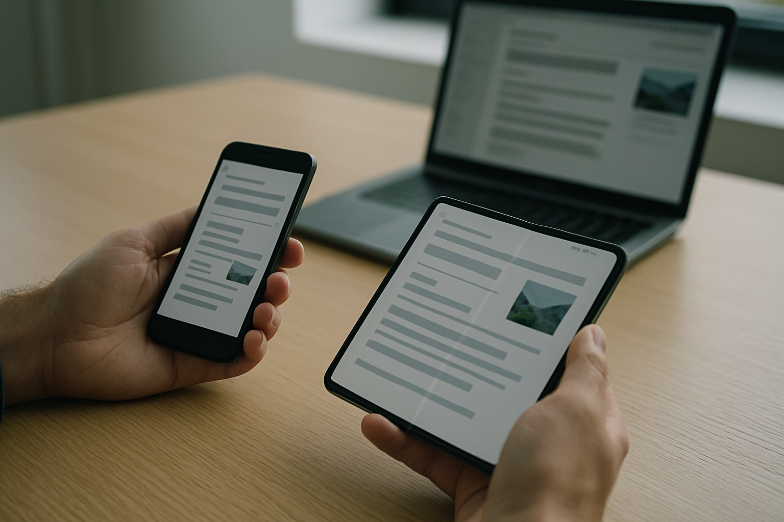 Hands holding a smartphone and tablet with email messages