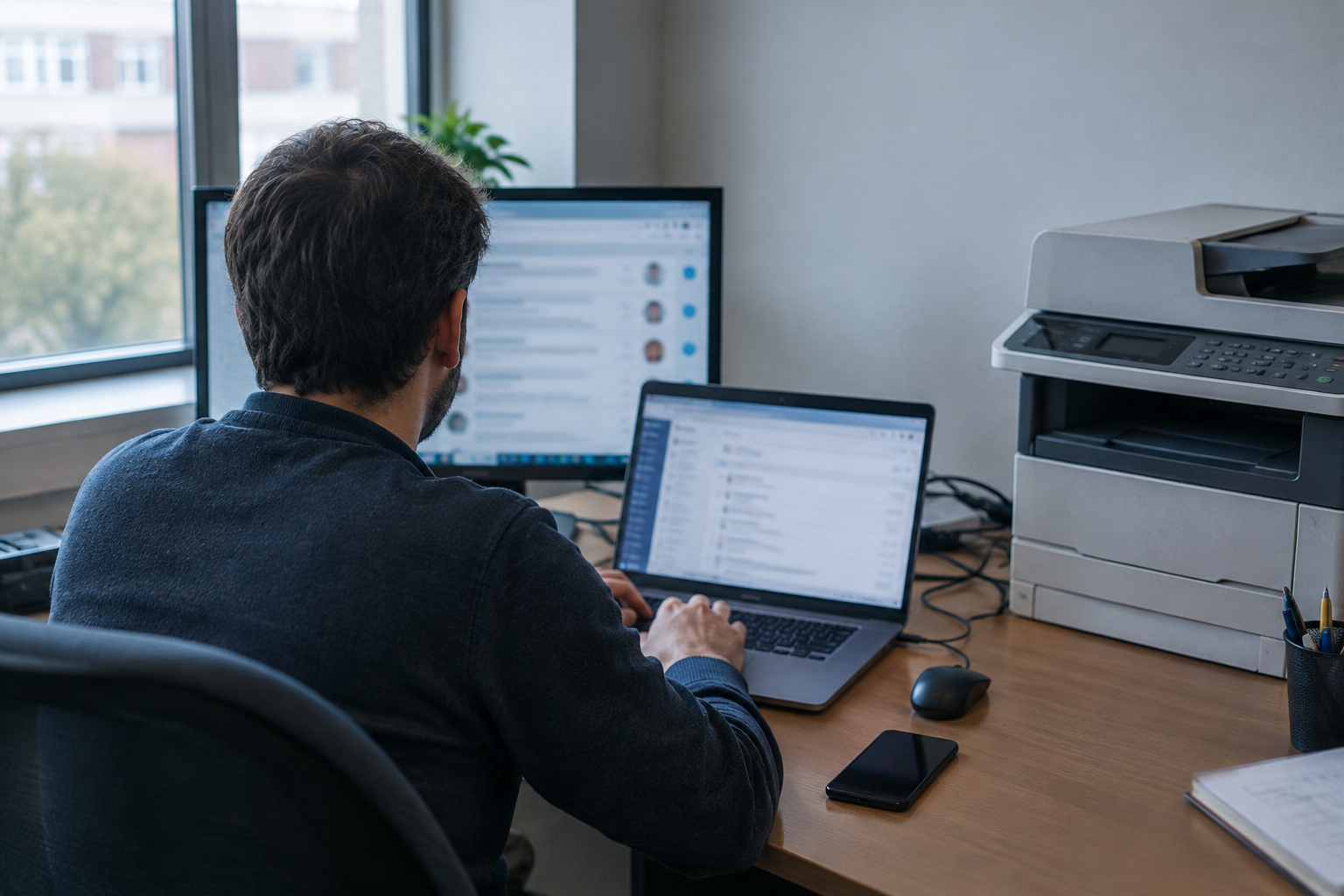An administrator checks email settings beside an older office printer during a DMARC and BIMI readiness review.