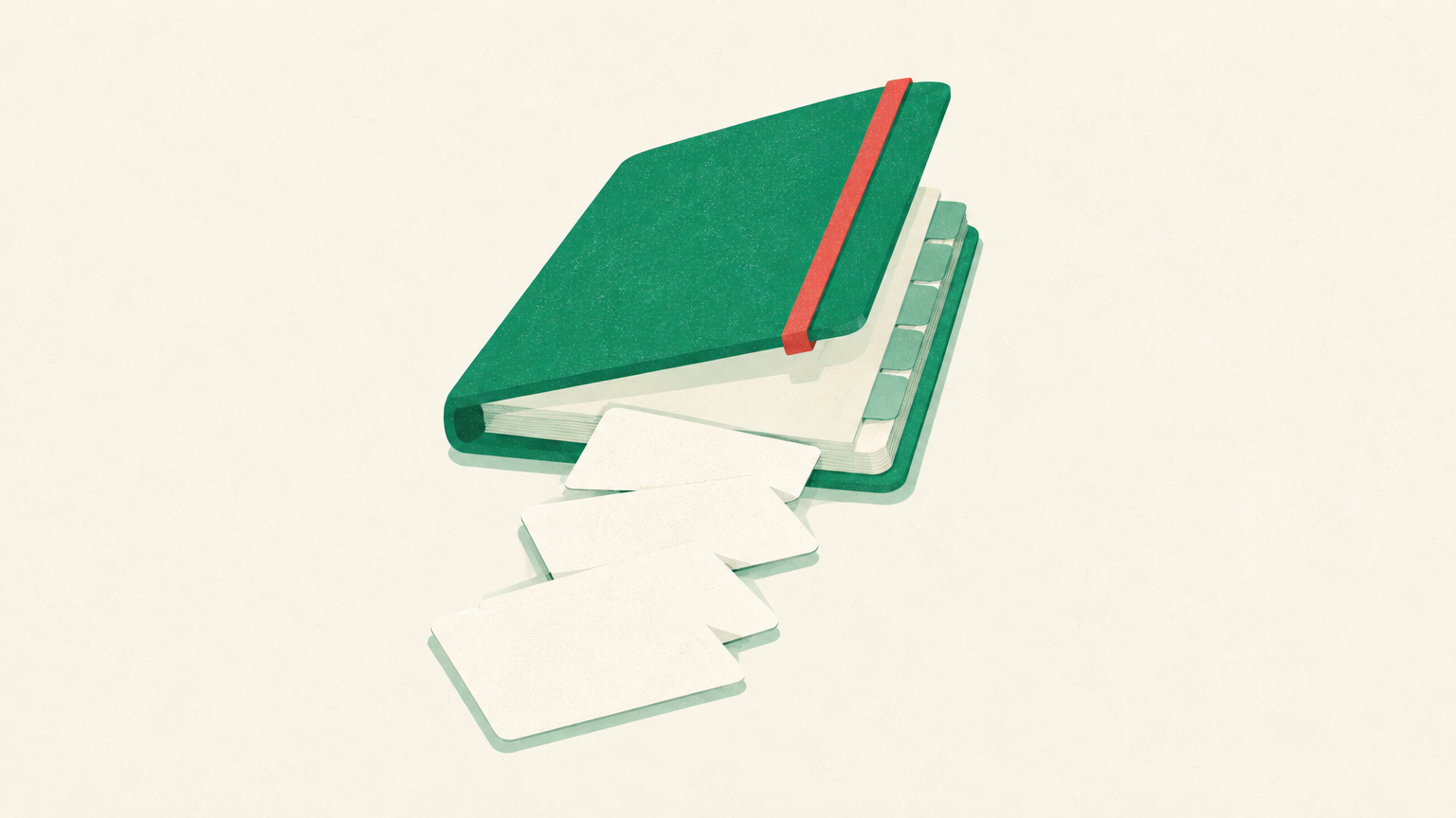 Conceptual illustration of a tilted address book with blank contact cards spilling out, suggesting exposed contact details without showing any real names or logos.