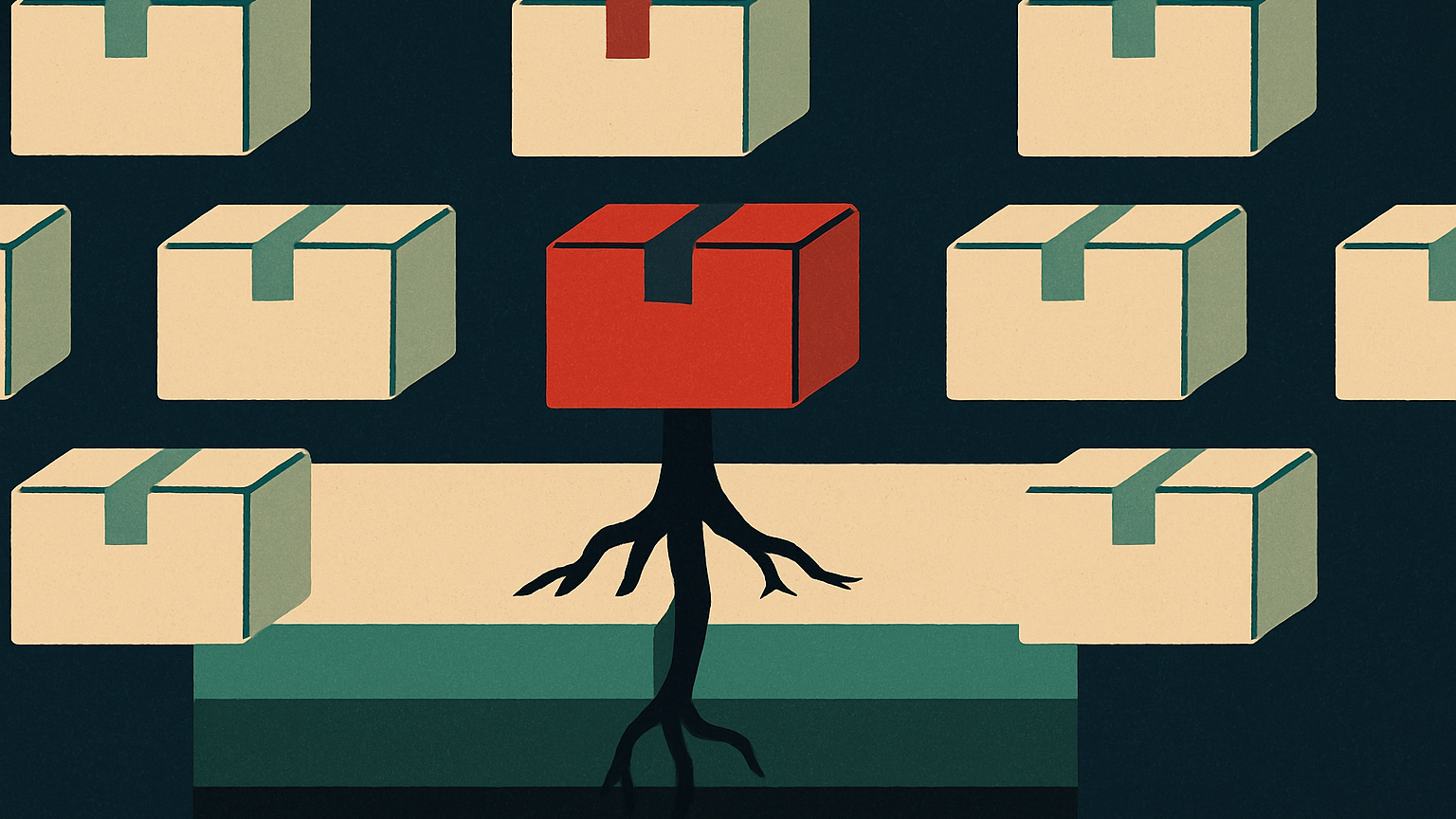 A grid of packages where one central box sprouts a heavy root boring downward, symbolizing an email gateway zero-day that lets a malicious attachment gain root access.