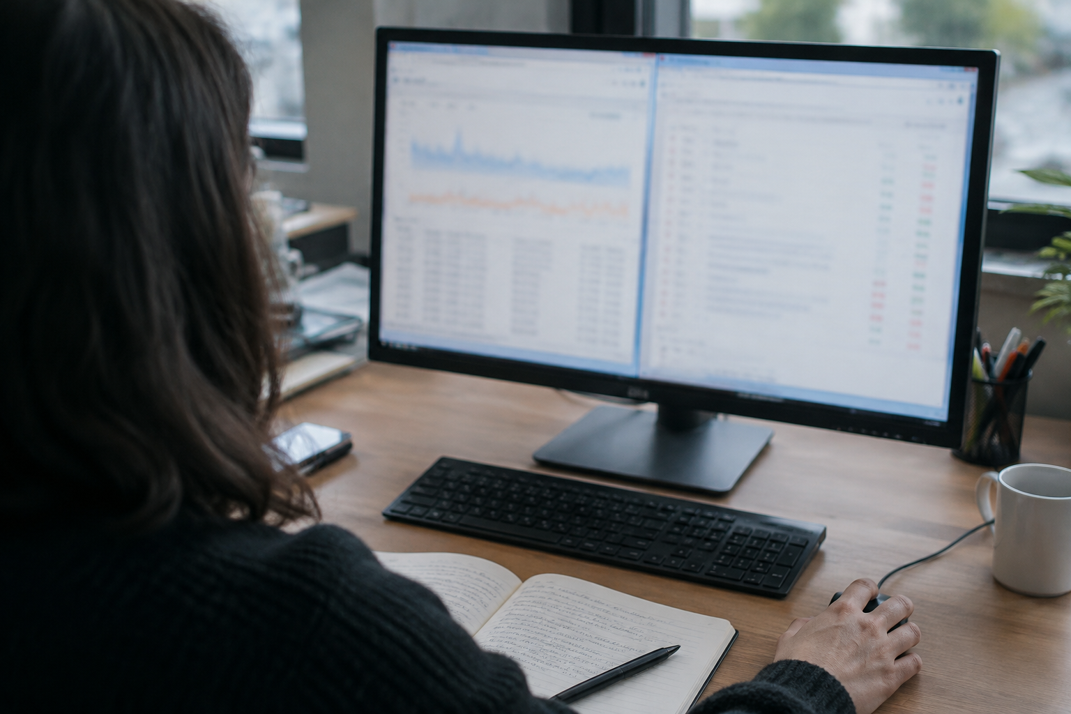 An email operations worker reviews delivery reports at a desk while investigating cold email bounce problems.