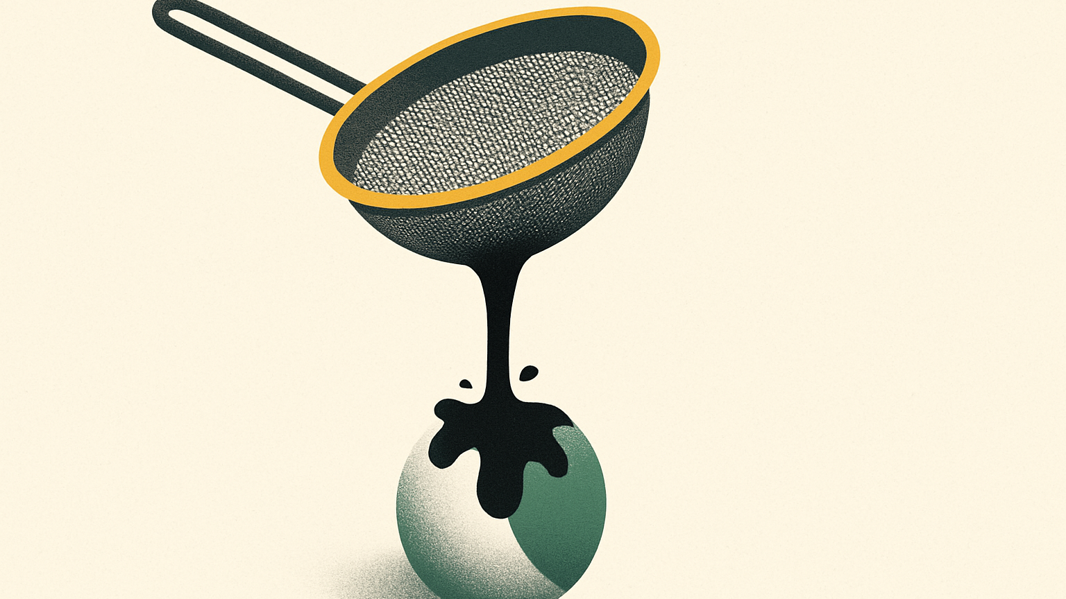 A leaky sieve lets dark ink drip onto a clean white sphere, symbolizing cold email domain buffers failing to protect the main brand amid blocklist pressure and disputes.