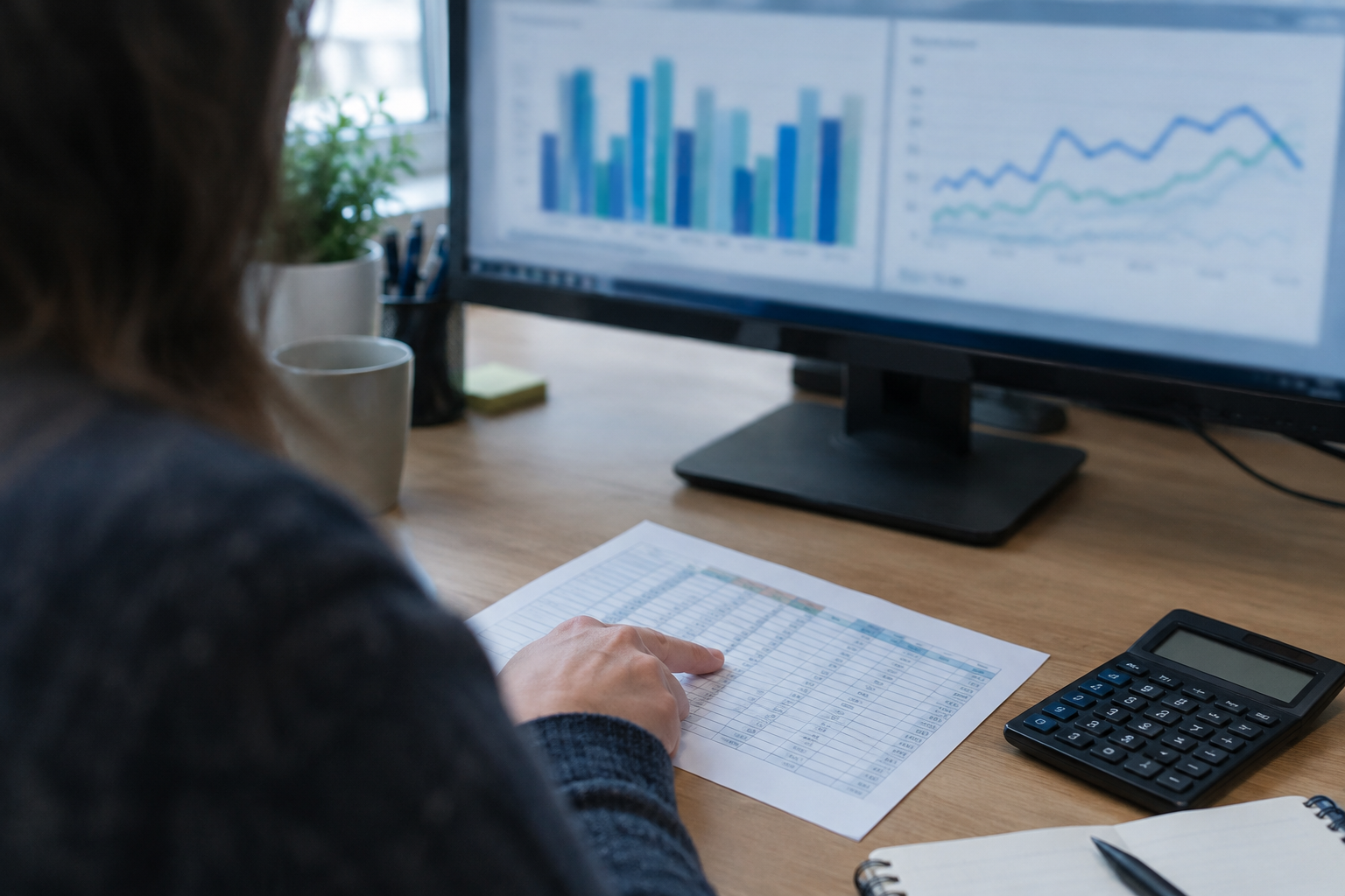 An analyst compares email open rate charts with a paper reporting grid and calculator at an office desk.