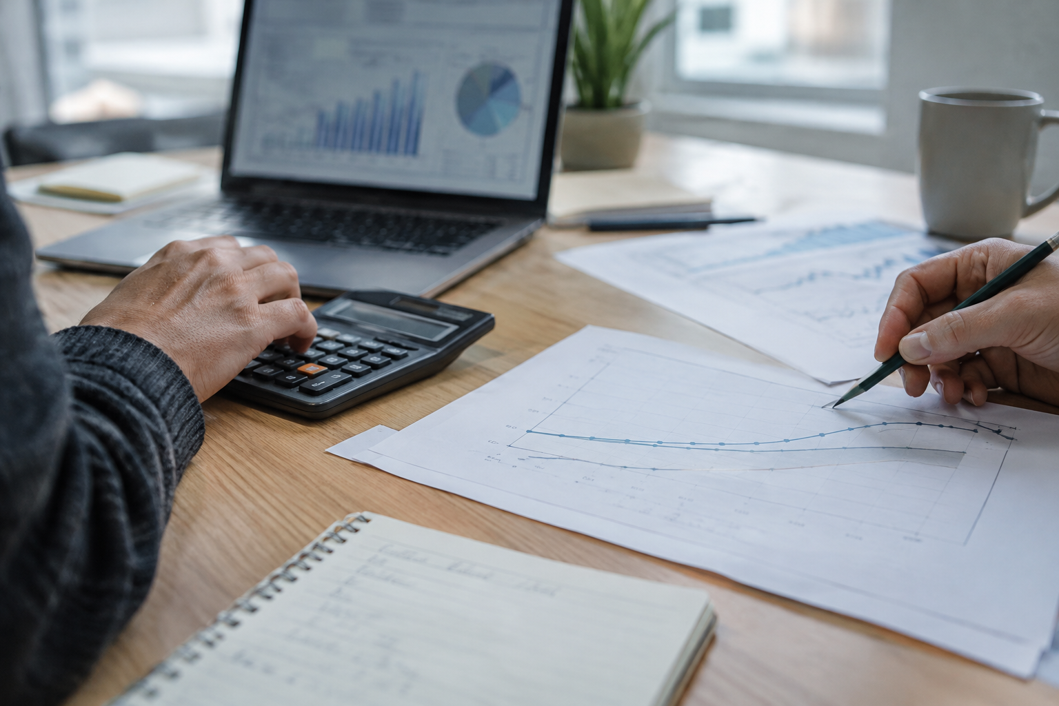 Hands compare campaign charts beside a laptop and calculator while reviewing email ROI and subscriber churn.