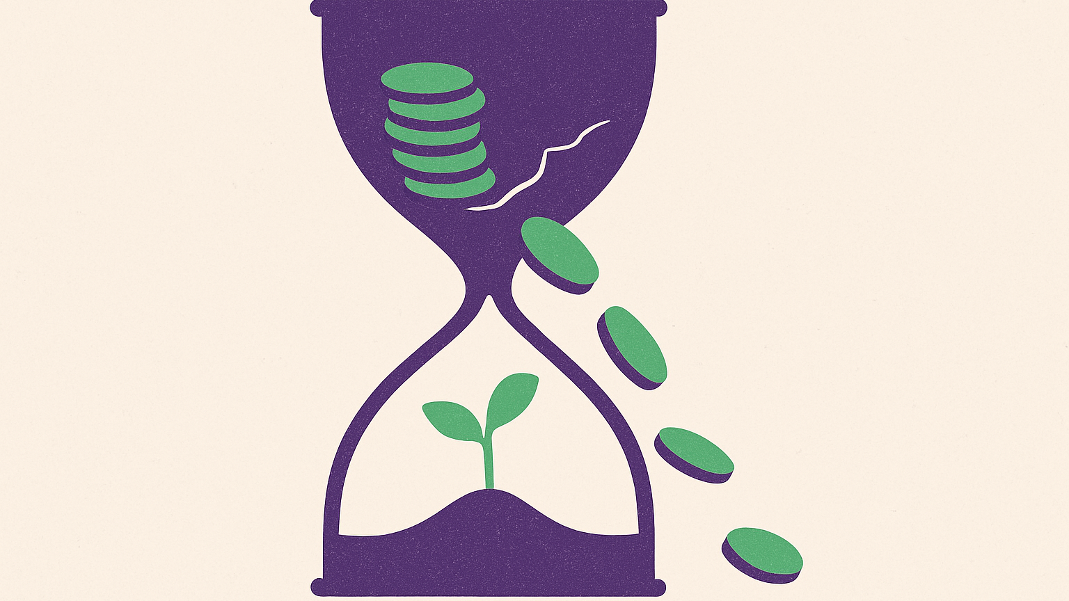 An hourglass where coins in the top bulb represent near-term email ROI, a side crack leaks coins to show subscriber churn, and a sapling grows in the bottom bulb to signal long-term value and budgeting beyond the next campaign.