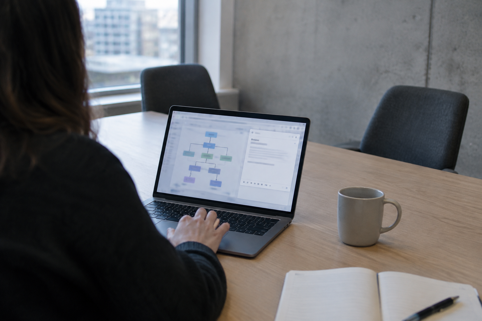A worker reviews a branching email workflow on a laptop, illustrating Google Workspace Studio automation.