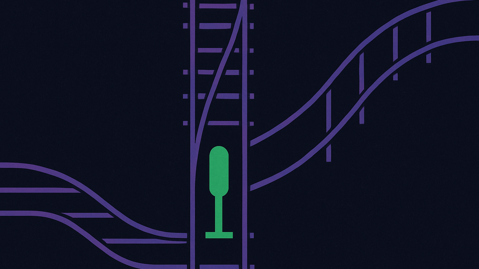 An overhead rail switch guiding branching tracks, representing Gmail reply controls, filters, nested logic, and search in Workspace Studio to streamline repetitive email flows.