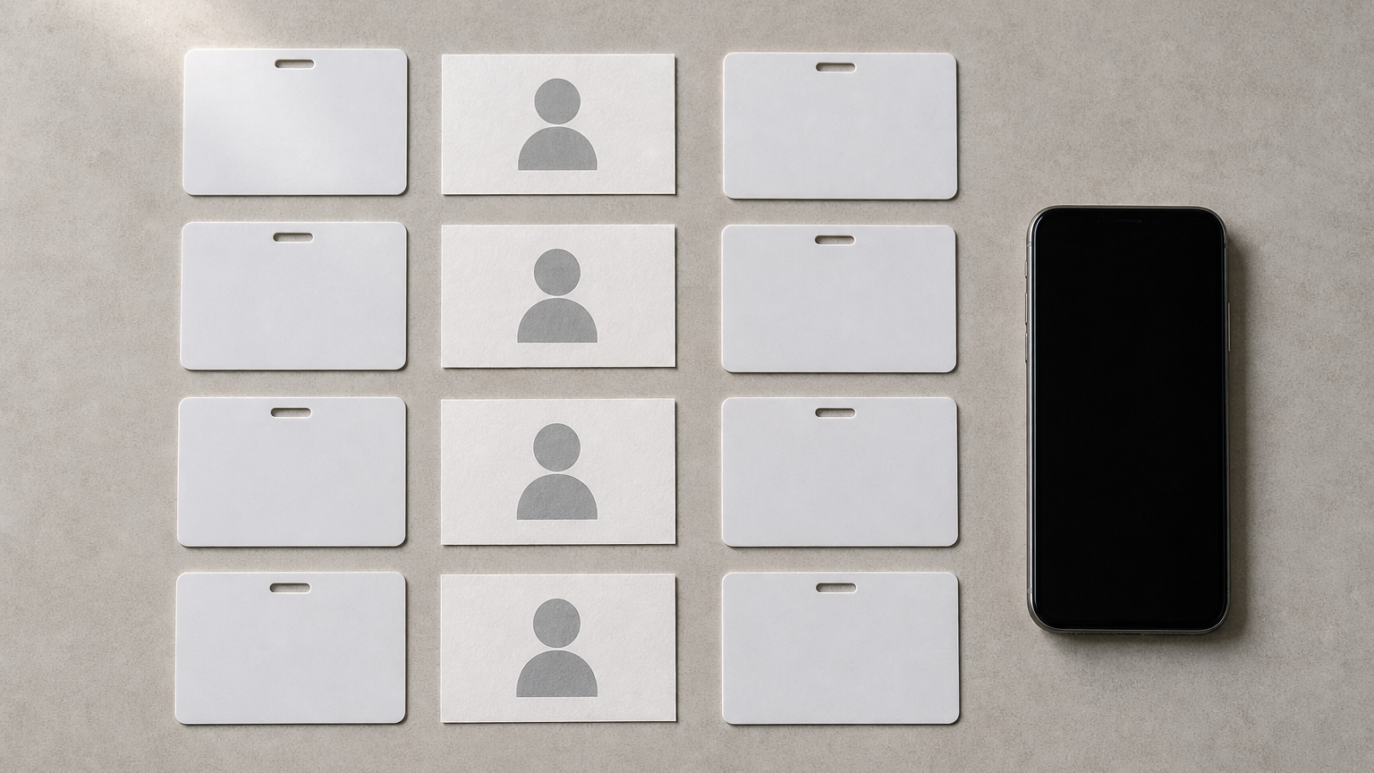 An overhead photo of blank ID cards and generic contact icons laid out in a grid, evoking a spilled employee directory without any readable text or logos.
