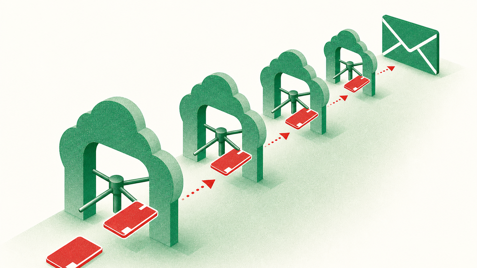 Conceptual illustration of duplicated access passes being used at multiple gated portals to suggest stolen tokens reused to access cloud email accounts.