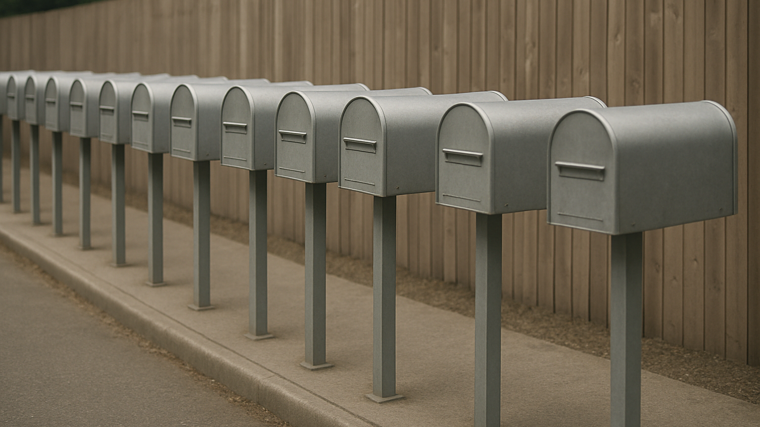 A repeating row of neutral-colored residential mailboxes photographed in soft daylight, symbolizing consistent, policy-driven email sending at scale.