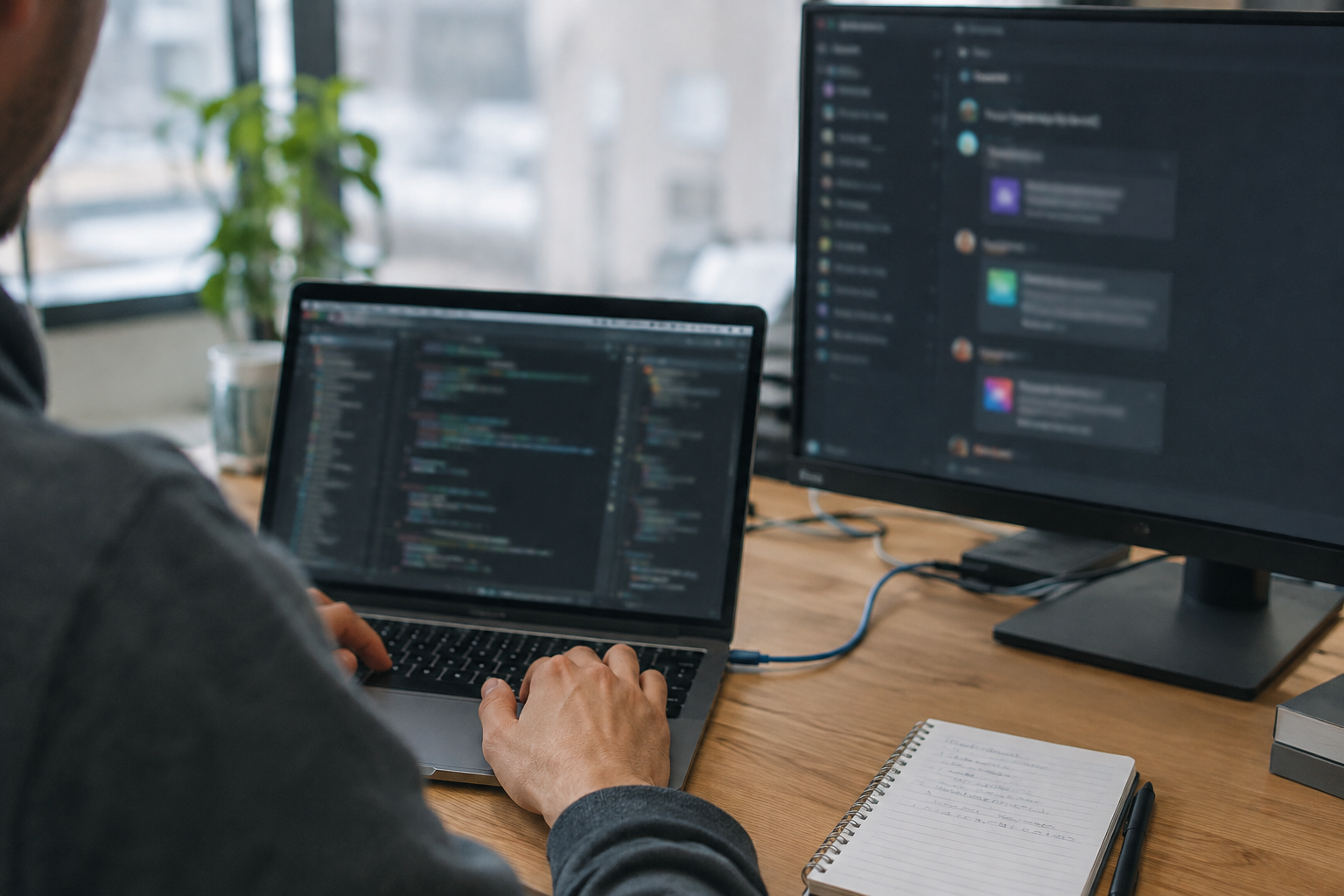 An engineer tests Mailgun webhook alerts at a desk with Python code and a Discord chat window on screen.