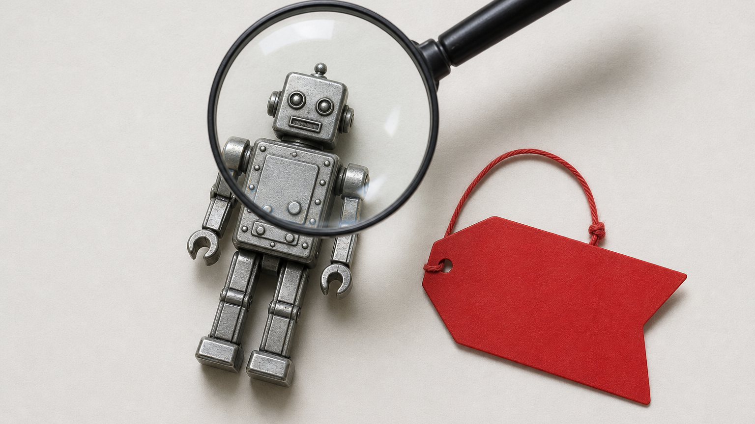 A toy robot seen from above with a red warning tag and a magnifying glass, symbolizing scrutiny of autonomous agents.