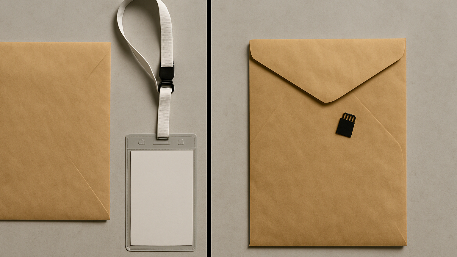 Two side-by-side photographs show a clean conference invitation envelope on one side and an identical envelope revealing a hidden memory card on the other, symbolizing a benign invite turning malicious.