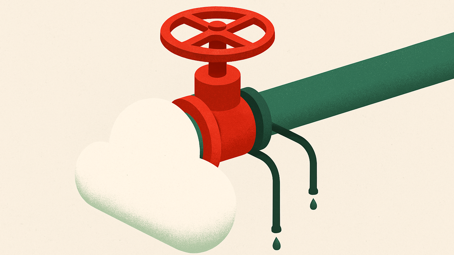 An isometric industrial valve closing a pipeline tapped from a cloud-shaped reservoir, representing a phishing takedown that shuts abused cloud accounts powering the scams.