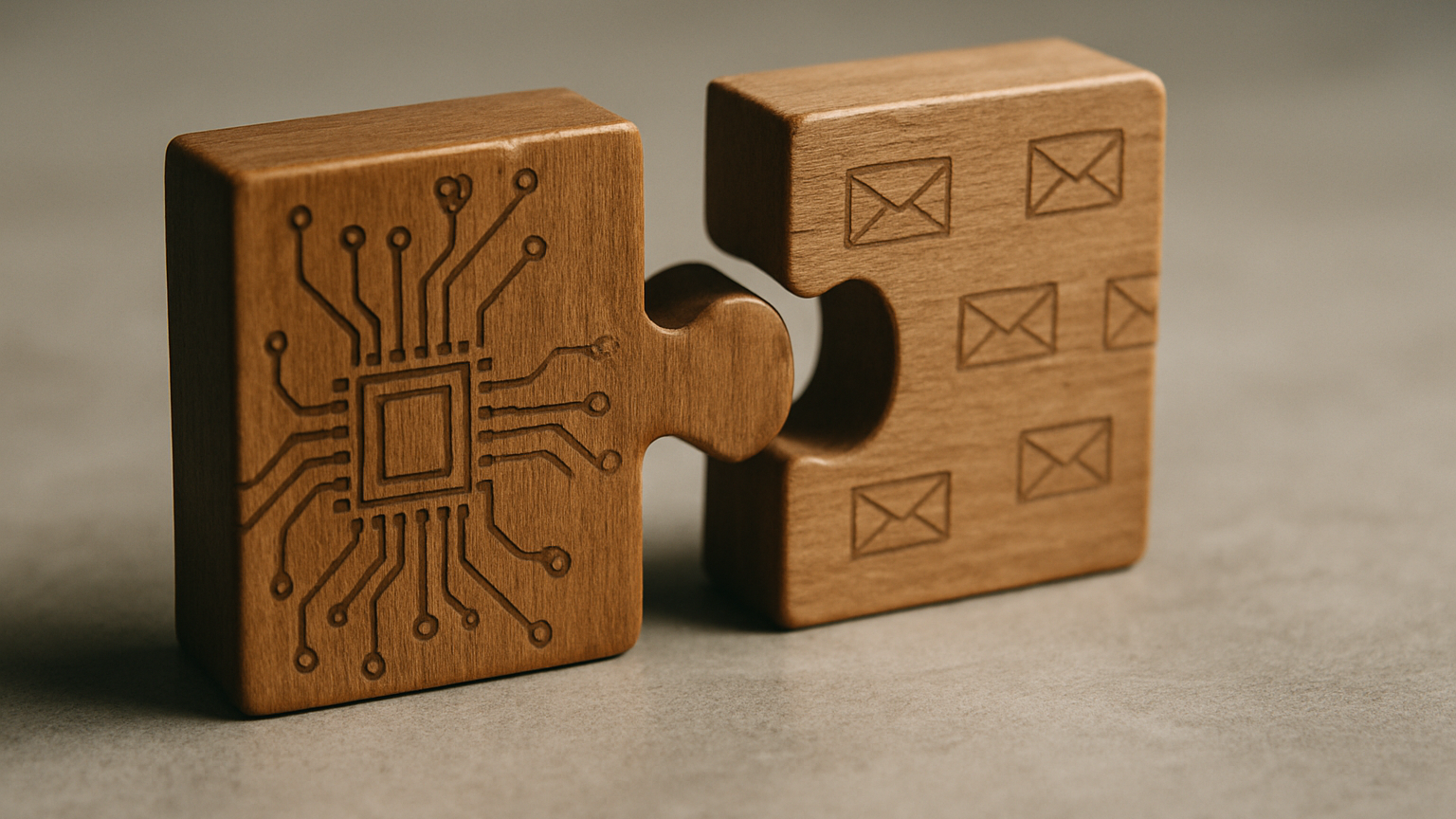 Close-up photograph of two interlocking puzzle pieces with abstract data and mail motifs, symbolizing the merger of data and email security capabilities.