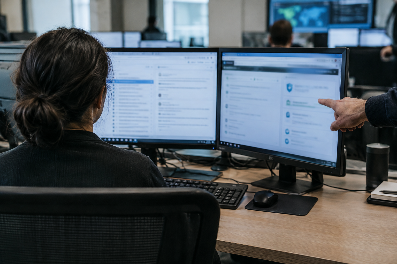 Security analyst reviews email and browser activity at dual monitors, illustrating intent-based phishing detection.