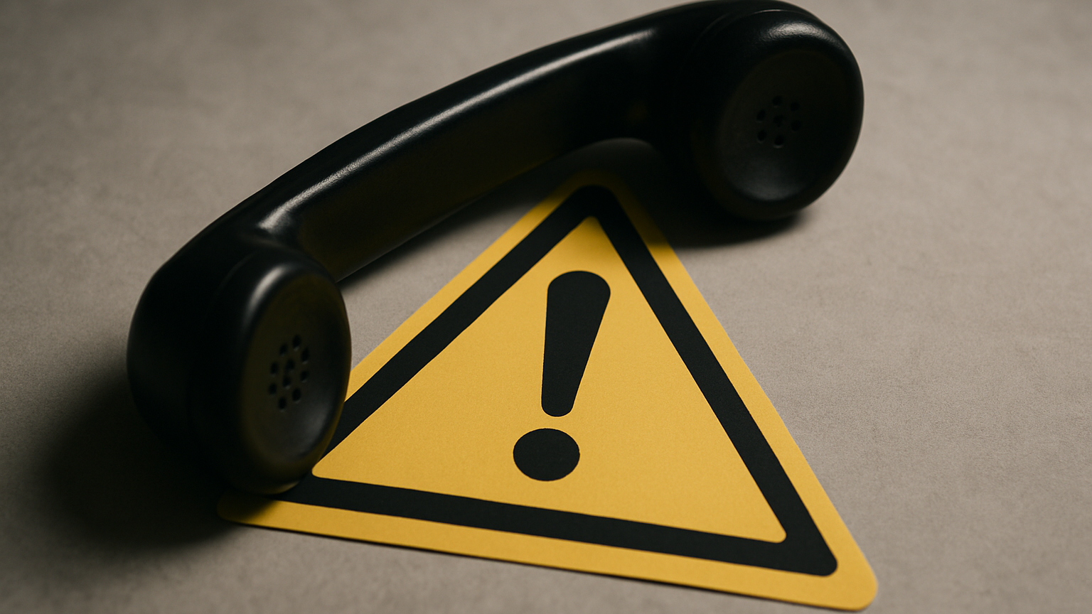 A close-up of a telephone handset placed on a bright caution symbol, suggesting a suspicious support call or alert.