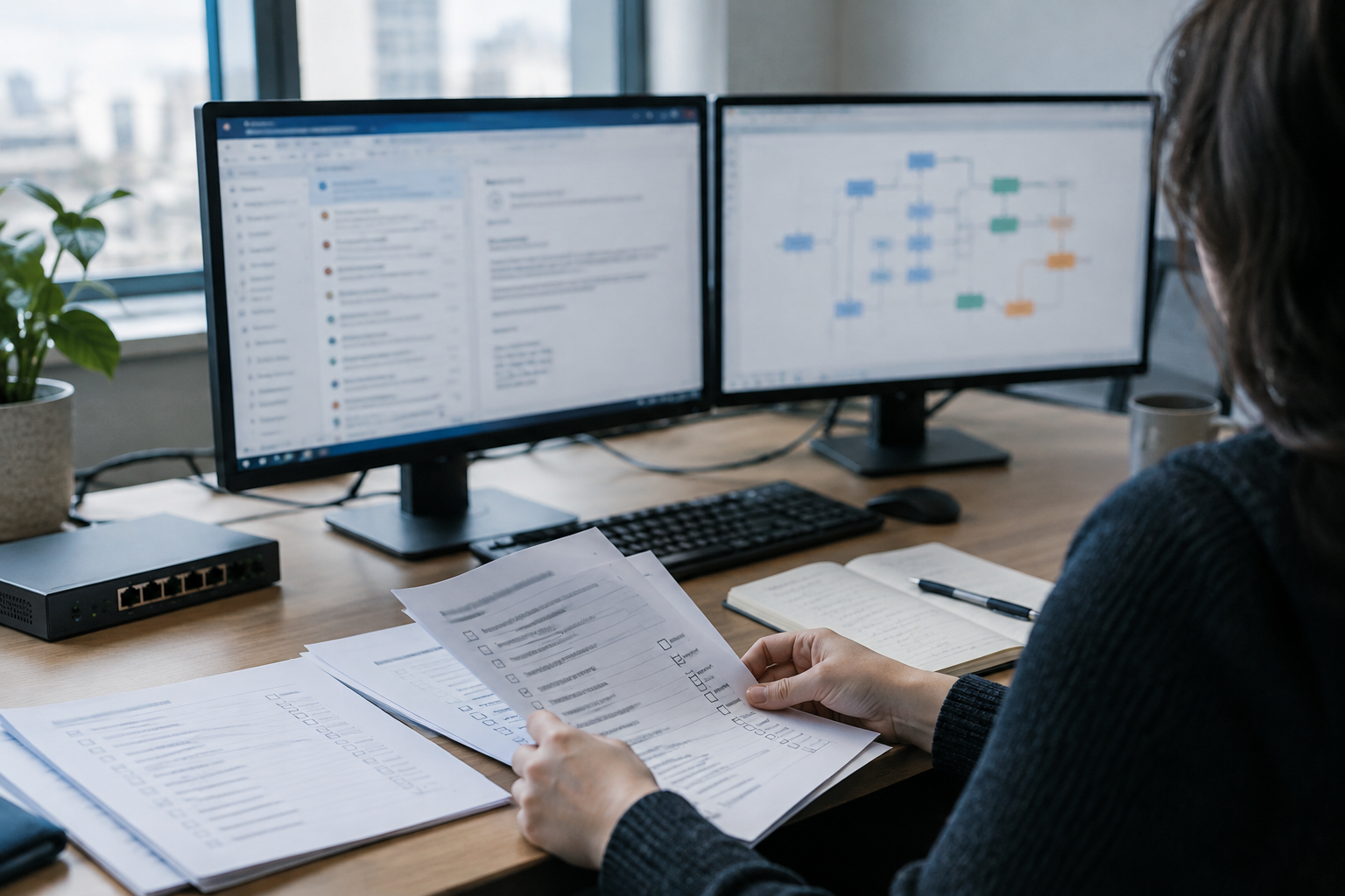 Email deliverability review at an office desk, with message headers, workflow diagrams and printed checklists.