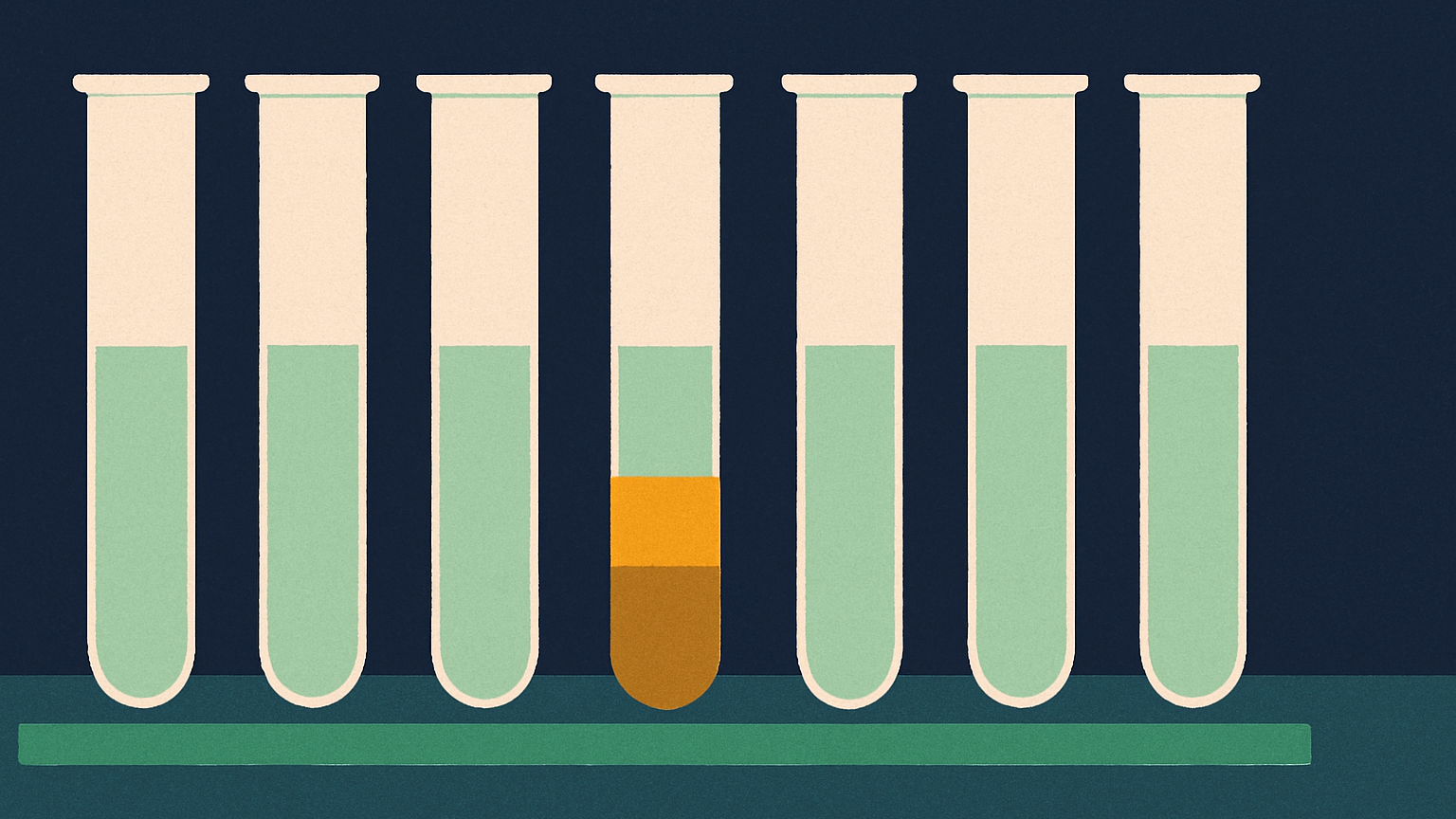 A repeating grid of test tubes where one central tube shows murky sediment beneath a clear top layer, conveying that email deliverability needs deeper diagnostics beyond open rates, inbox logos, or reassuring dashboards.