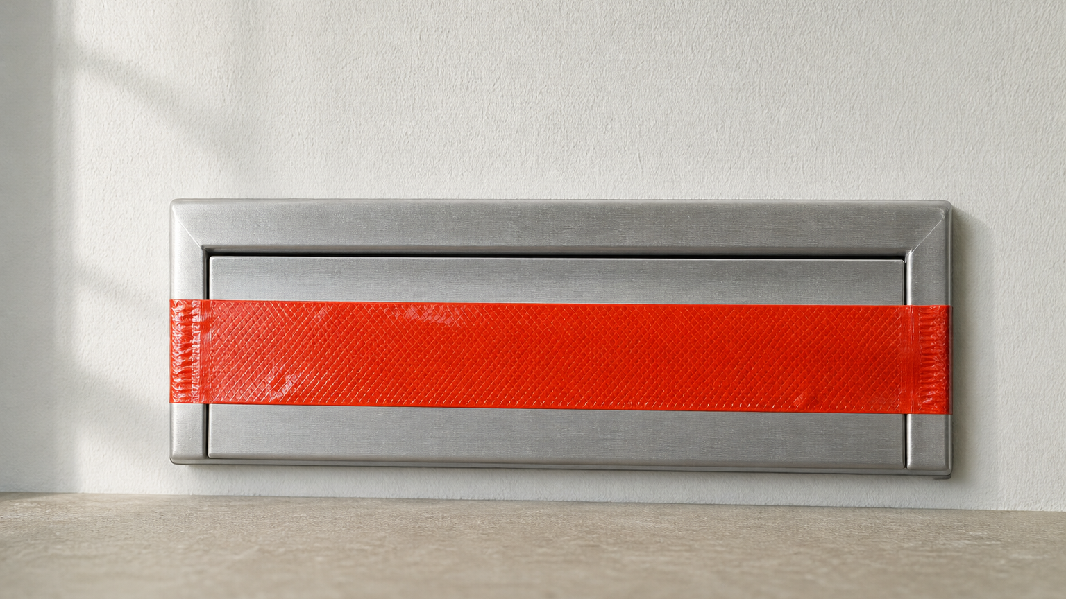 A tamper-evident security seal stretched across a generic mail drop slot, photographed on a neutral background to symbolize locking down the path email takes.